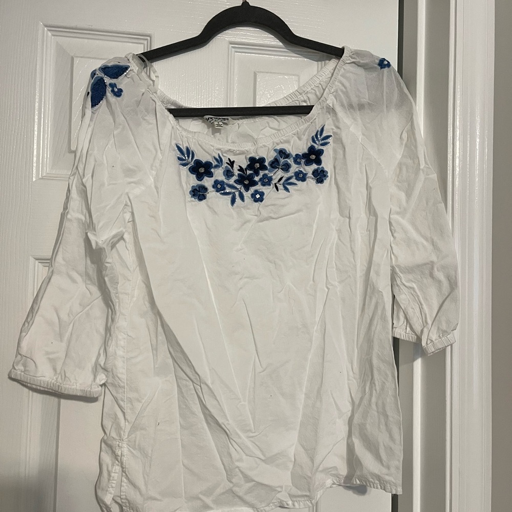 White Blouse with Blue Floral Embroidery